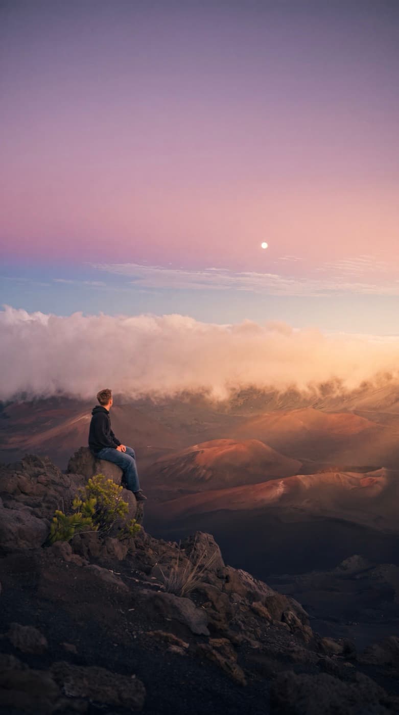 Russell sitting on a rock overlooking Haleakala crater in Maui, Hawaii at sunset
