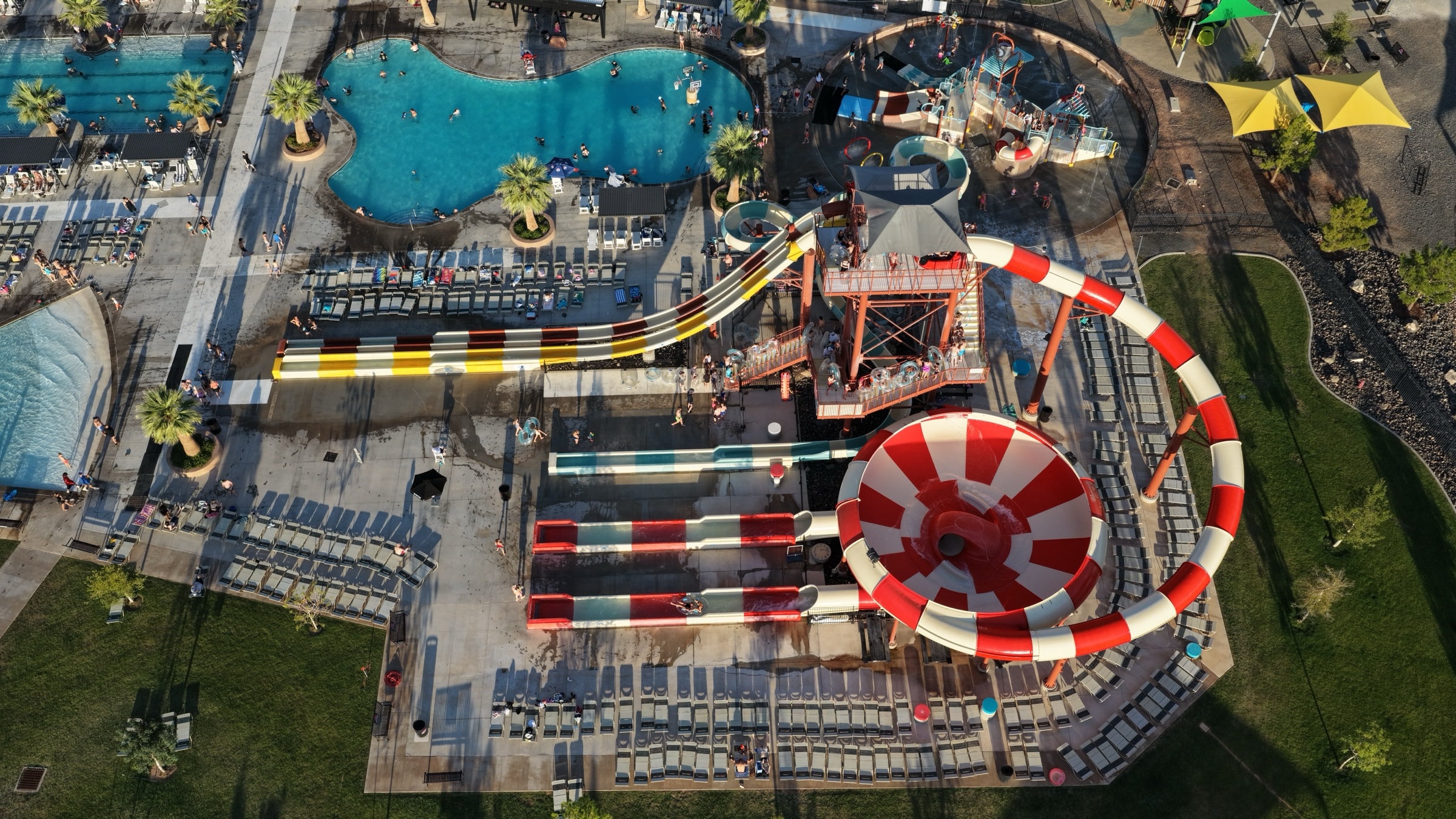 Aerial drone photo of the racing slides and toilet bowl slide tower at a Utah water park