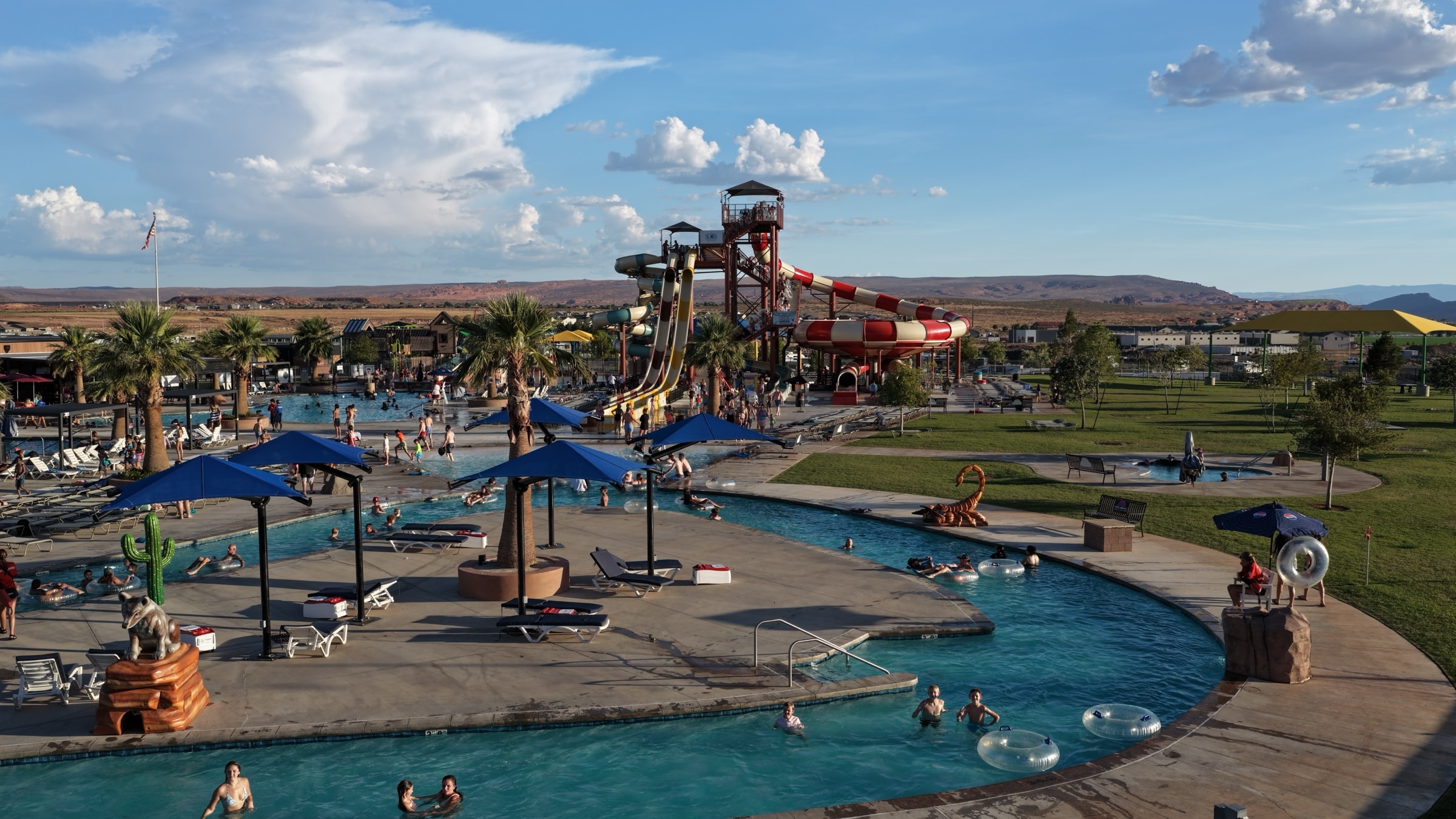 Aerial drone photo of the lazy river with the Southern Utah desert in the background